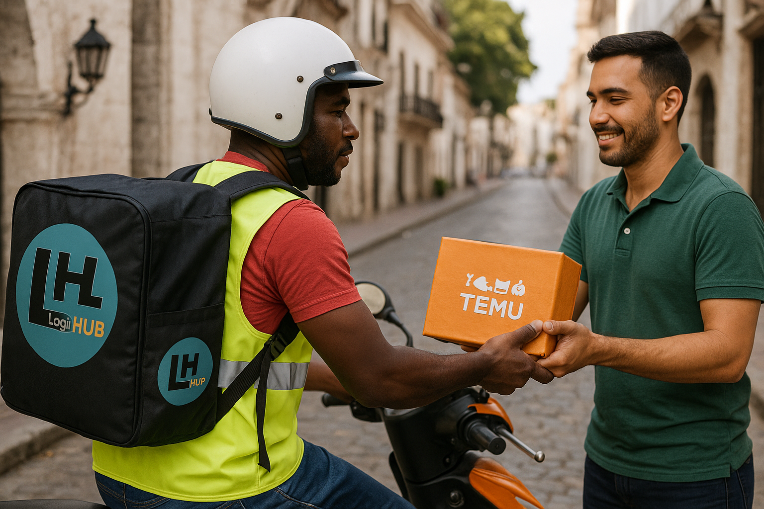 Mensajero de LogiHUB entregando un paquete de Temu